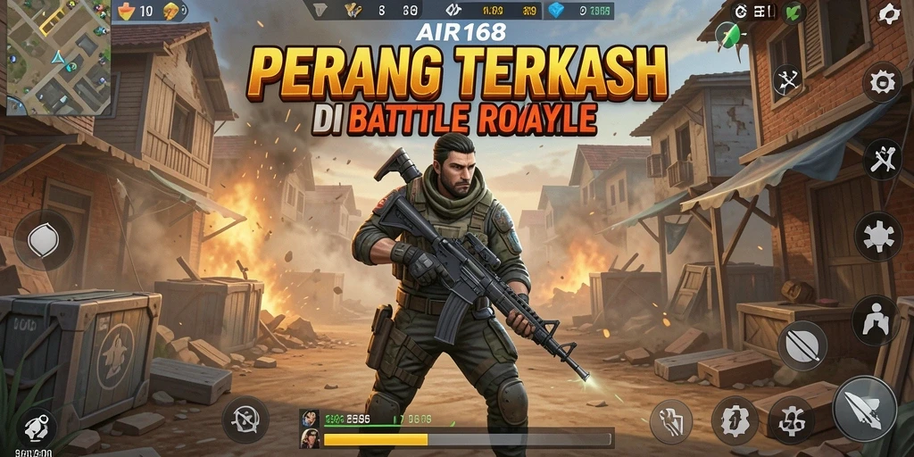 Tangkapan layar utama AIR168 menampilkan aksi intens Battle Royale.