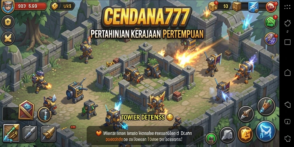 Tampilan gameplay CENDANA777 dengan menara pertahanan yang strategis.