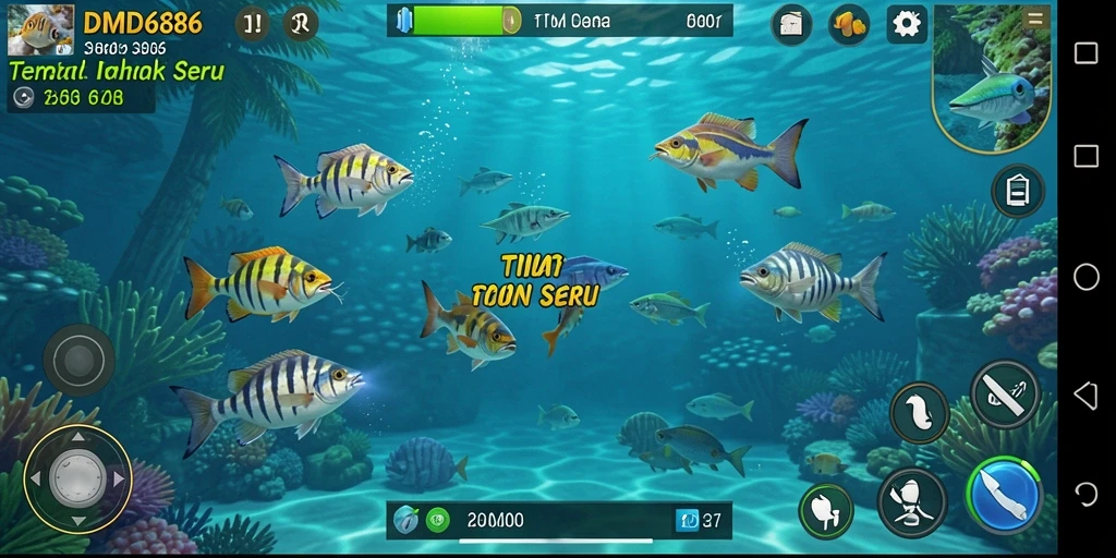 Tampilan gameplay seru dalam DMD686 dengan aksi menembak ikan.