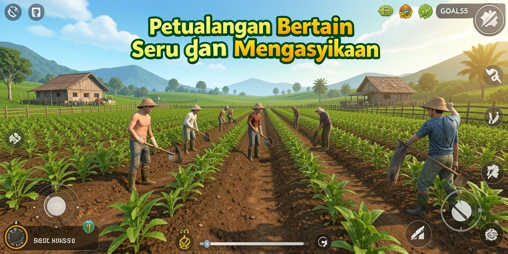 Tampilan gameplay <strong>GOAL55</strong> yang menampilkan lahan pertanian yang luas dan tanaman hijau yang subur.