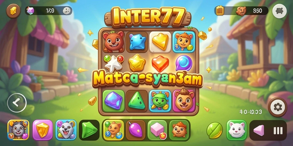 Tangkapan layar INTER77 menampilkan aksi seru permainan Match-3 yang penuh warna.