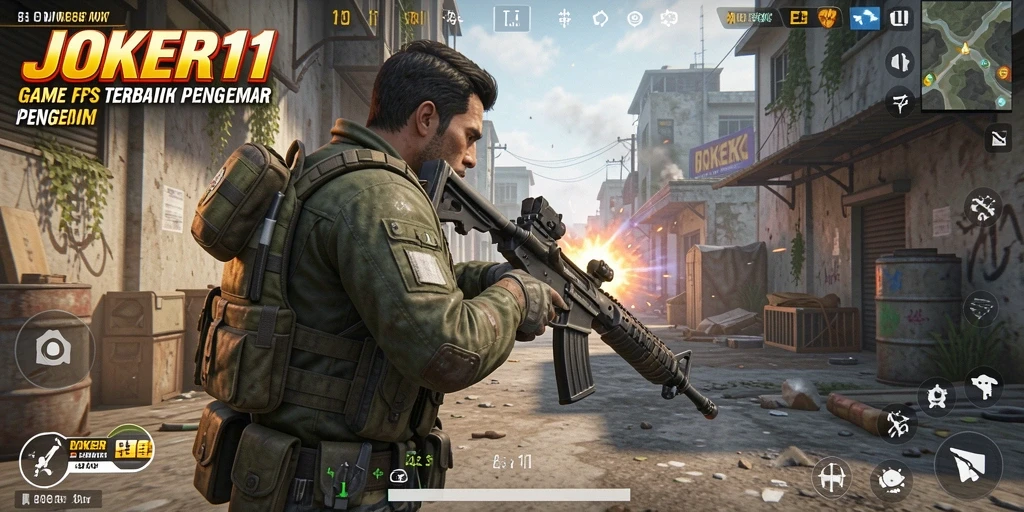 Gameplay intens JOKER11 dengan pertempuran FPS yang mendebarkan.