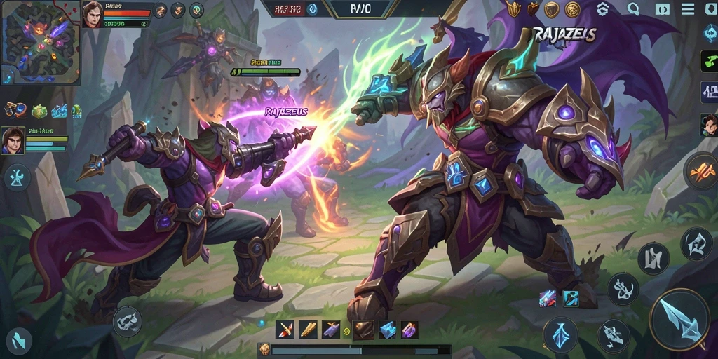 Tampilan gameplay seru dalam pertarungan tim di RAJAZEUS.