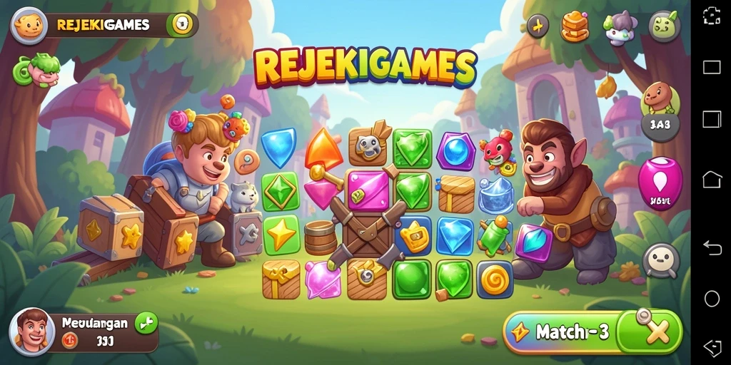 Screenshot gameplay REJEKIGAMES dengan suasana permainan Match-3 yang seru.