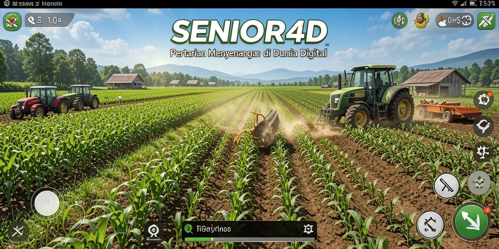 Tampilan gameplay SENIOR4D menampilkan ladang yang subur dan aktivitas bertani.