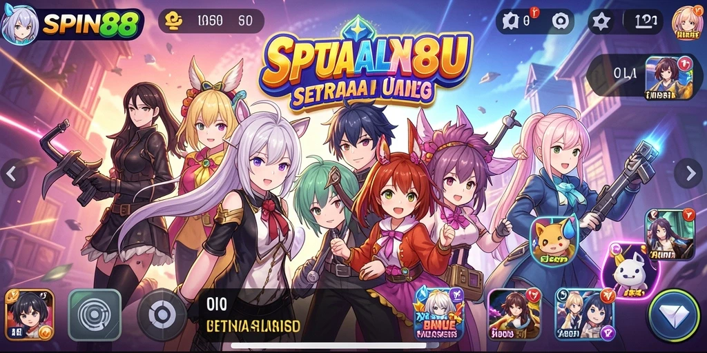 Tampilan gameplay seru SPIN88 dengan karakter anime menarik.